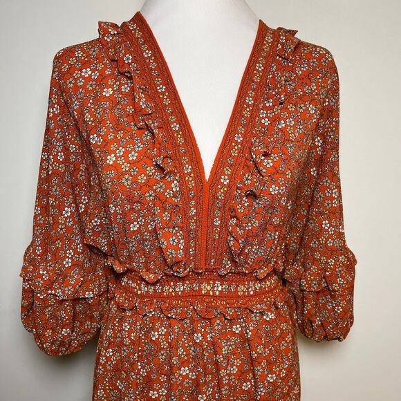 Floral Midi Dress Orange XS Tiered Ruffle Peasant Cottage Boho Cowgirl Prairie - Picture 8 of 11